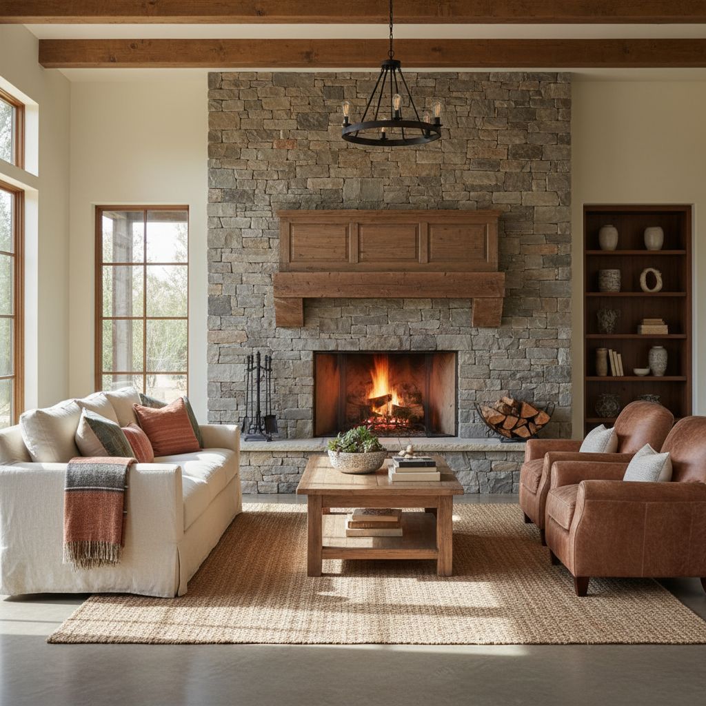 Rustic Farmhouse Living Room with Stone Accent Wall