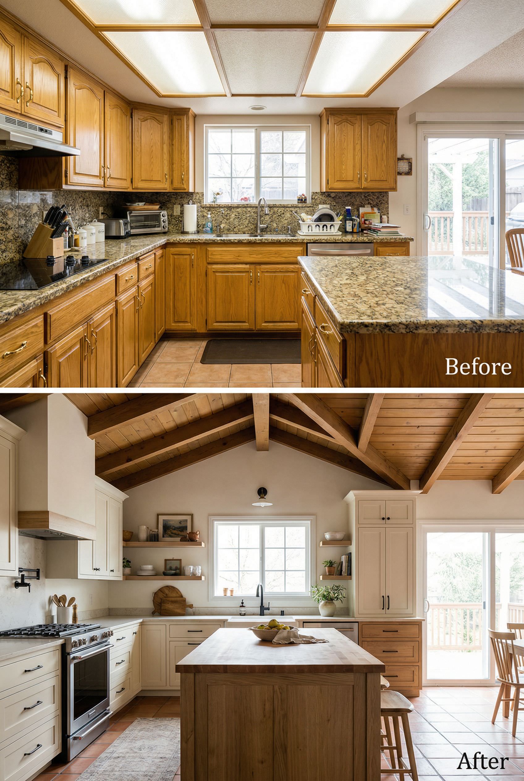 Cluttered Oak Kitchen Opens Up Into a Light Filled Scandinavian Farmhouse