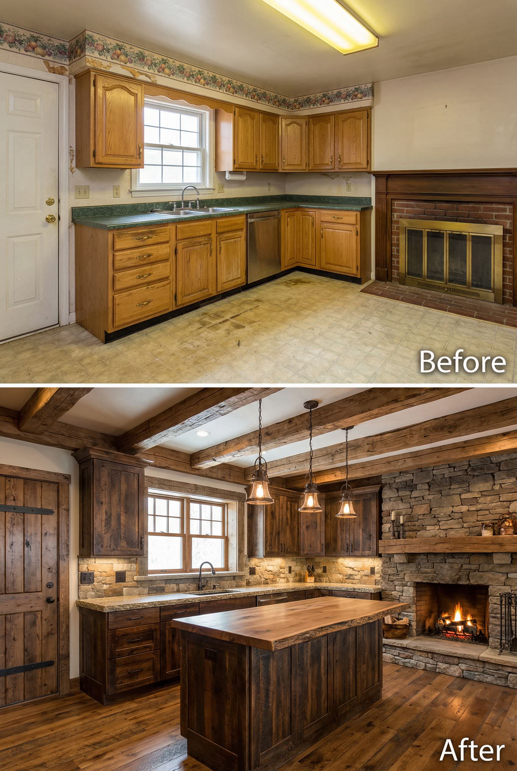 Fruit Border Kitchen Gets a Cozy Cabin Lodge Makeover