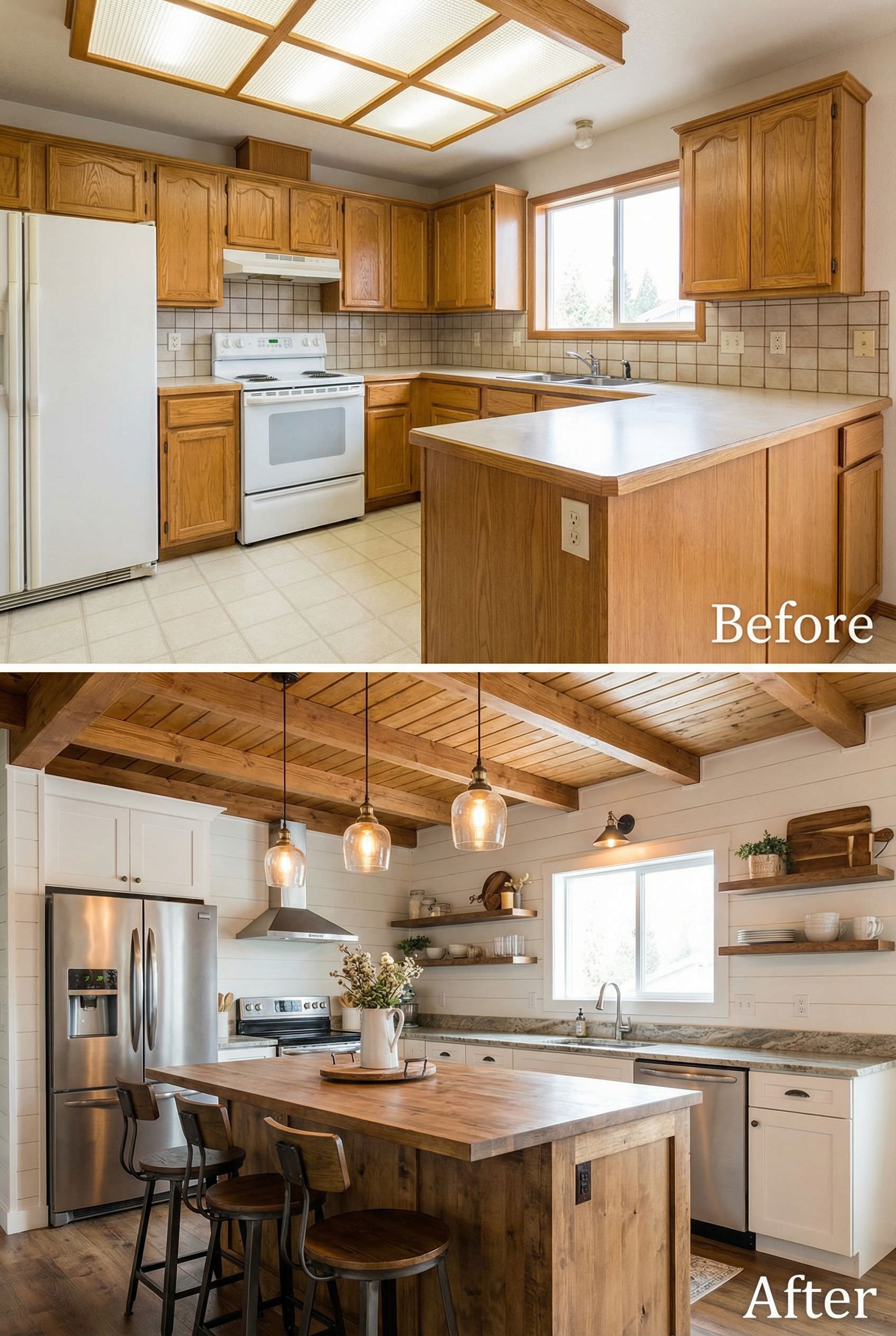 Golden Oak and Fluorescent Lights Give Way to Modern Farmhouse Charm