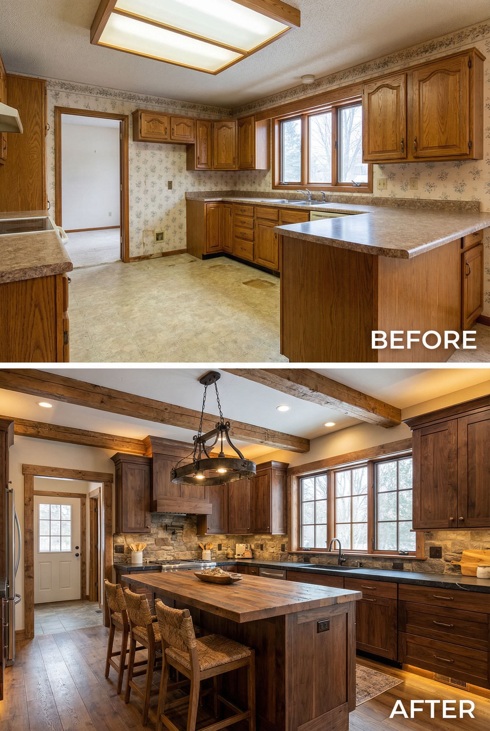 Floral Wallpaper Kitchen Becomes a Warm Craftsman Inspired Space