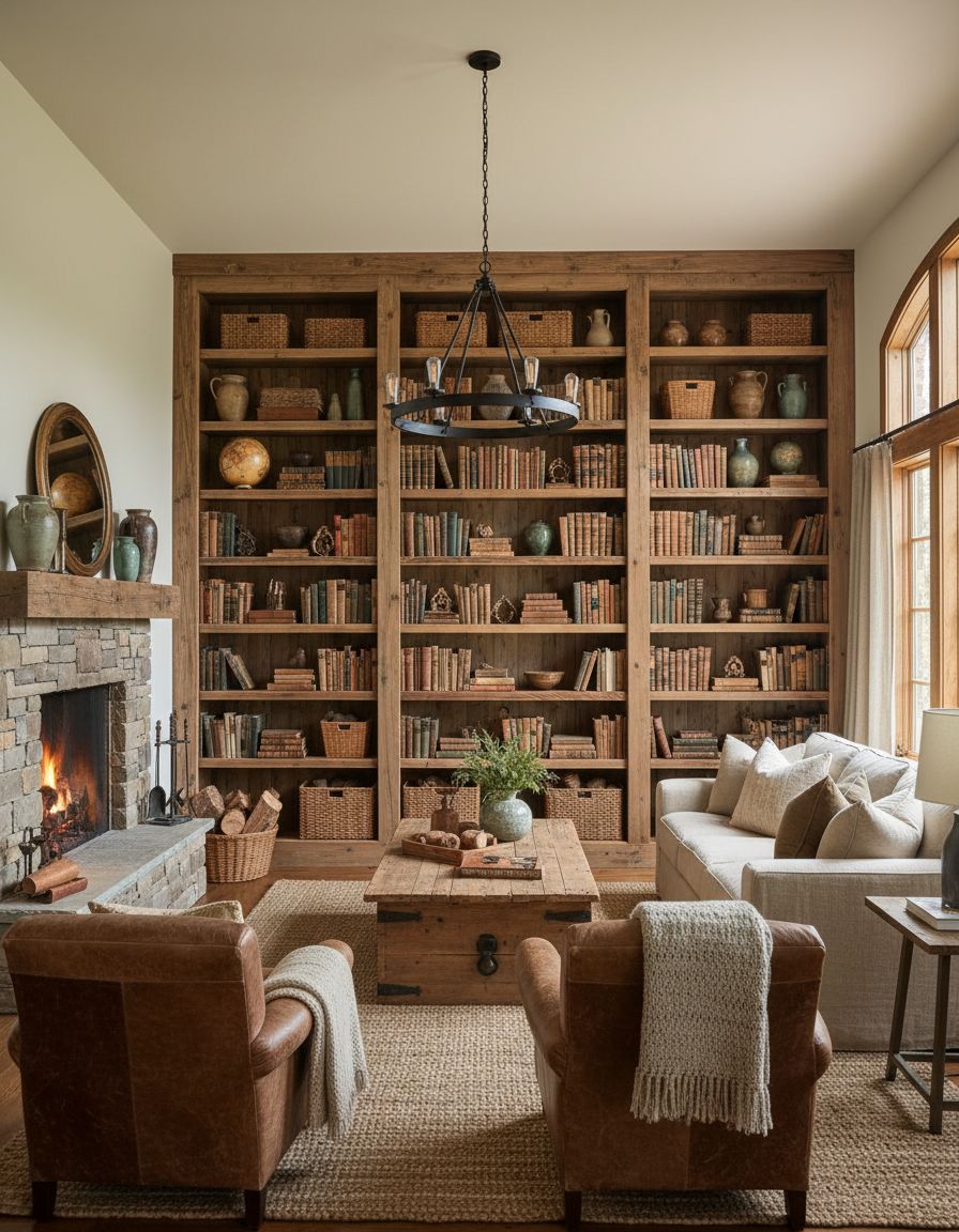 Rustic Living Room with Barn-Wood Bookshelves
