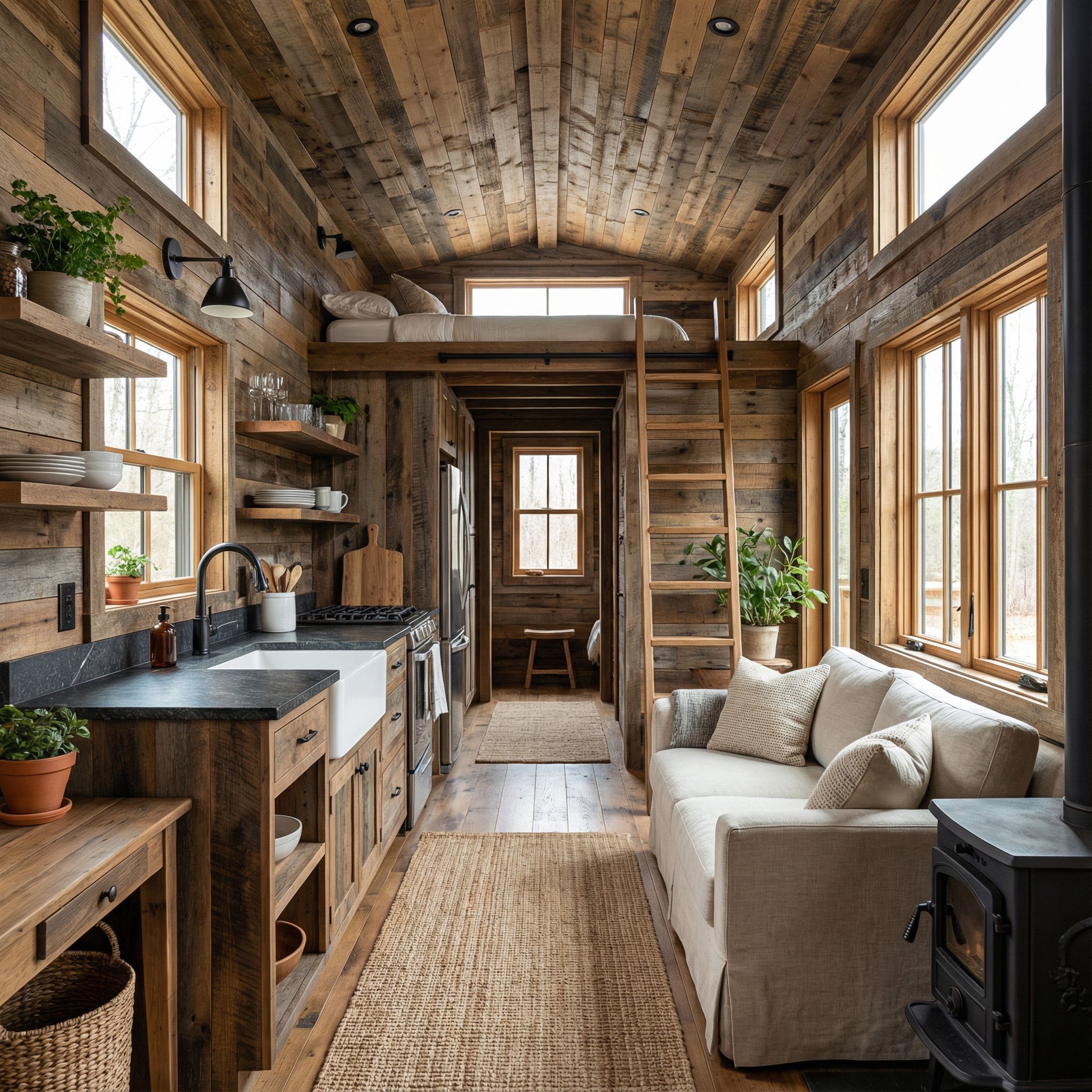 Rustic Modern Tiny Home Interior with Natural Materials