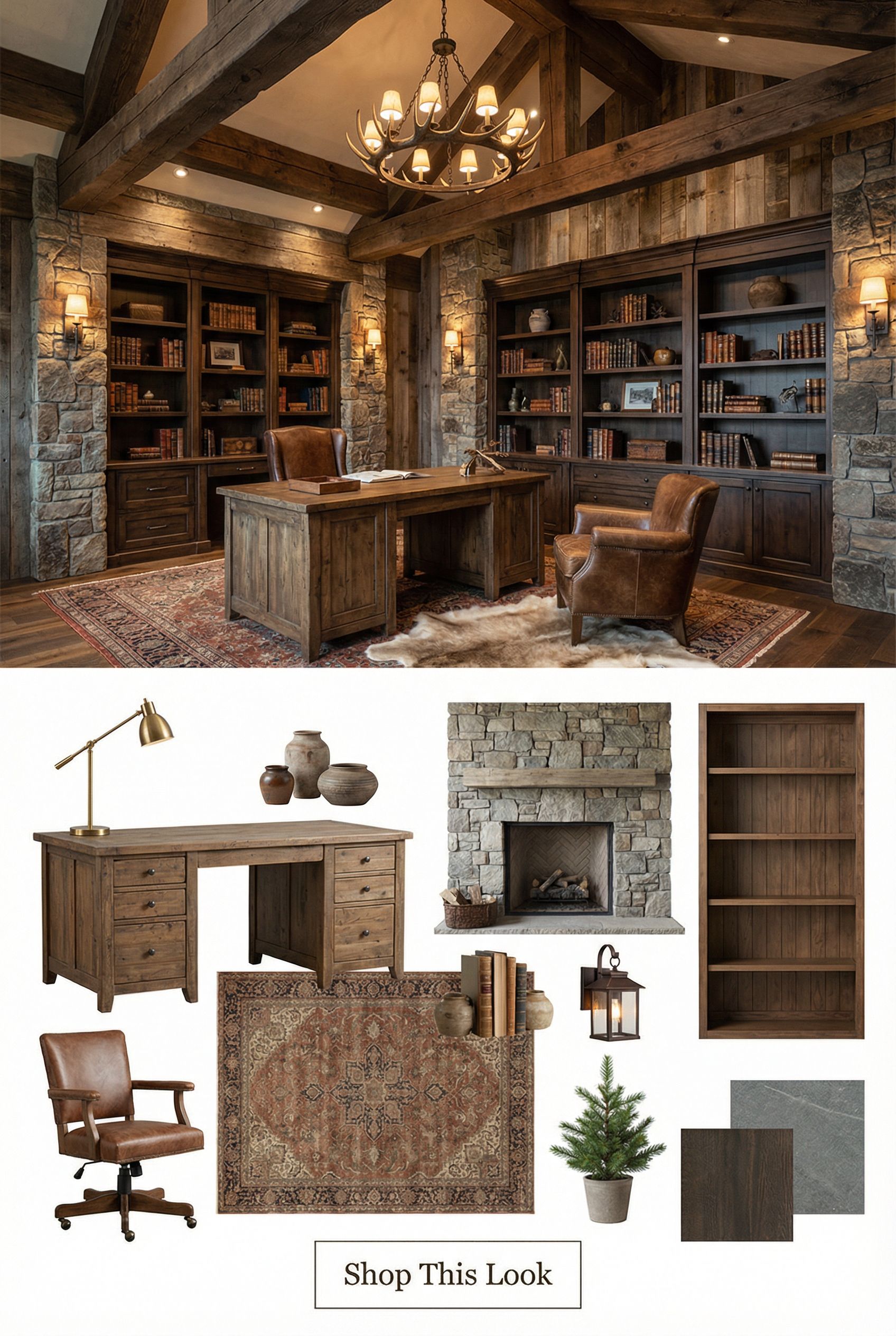 Inside the Grand Chalet Rustic Office and Library (Shop This Look Moodboard)