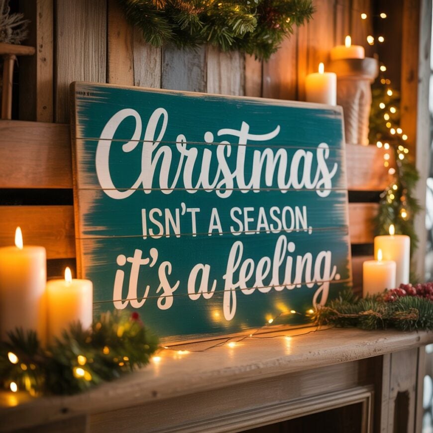 A wooden Christmas sign with the words โChristmas isnโt a season, itโs a feeling,โ surrounded by candles, garland, and string lights.
