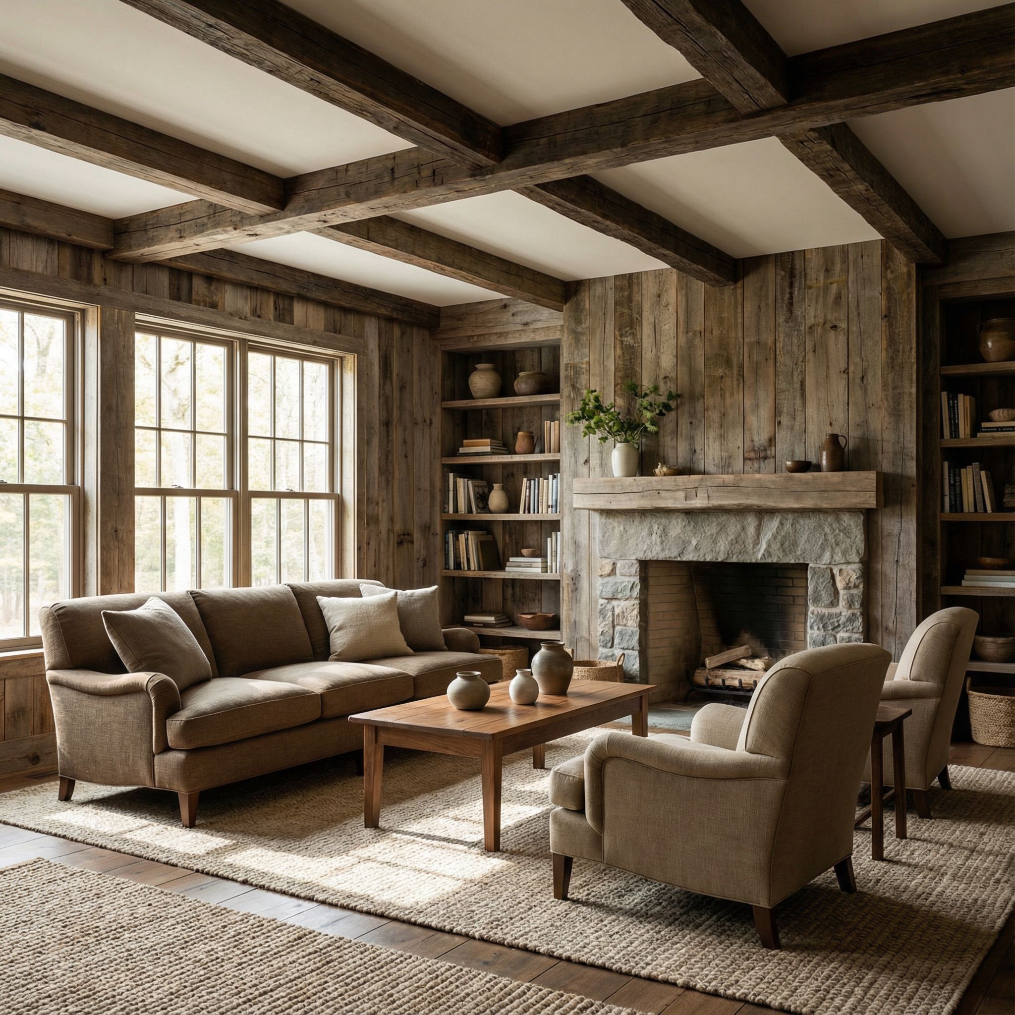 Rustic Wood Panelled Living Room with Hand-Hewn Ceiling Beams