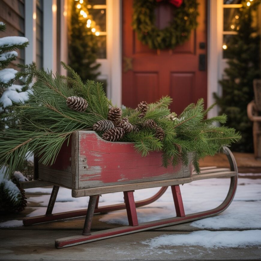 A vintage wooden sled sits on a snowy porch, filled with pine branches and pinecones near the front door.