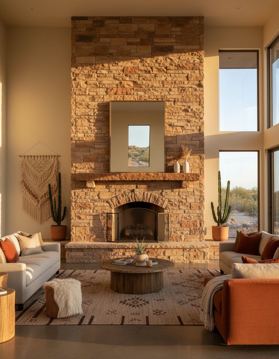 Sandstone Statement Fireplace in Desert-Inspired Living Room