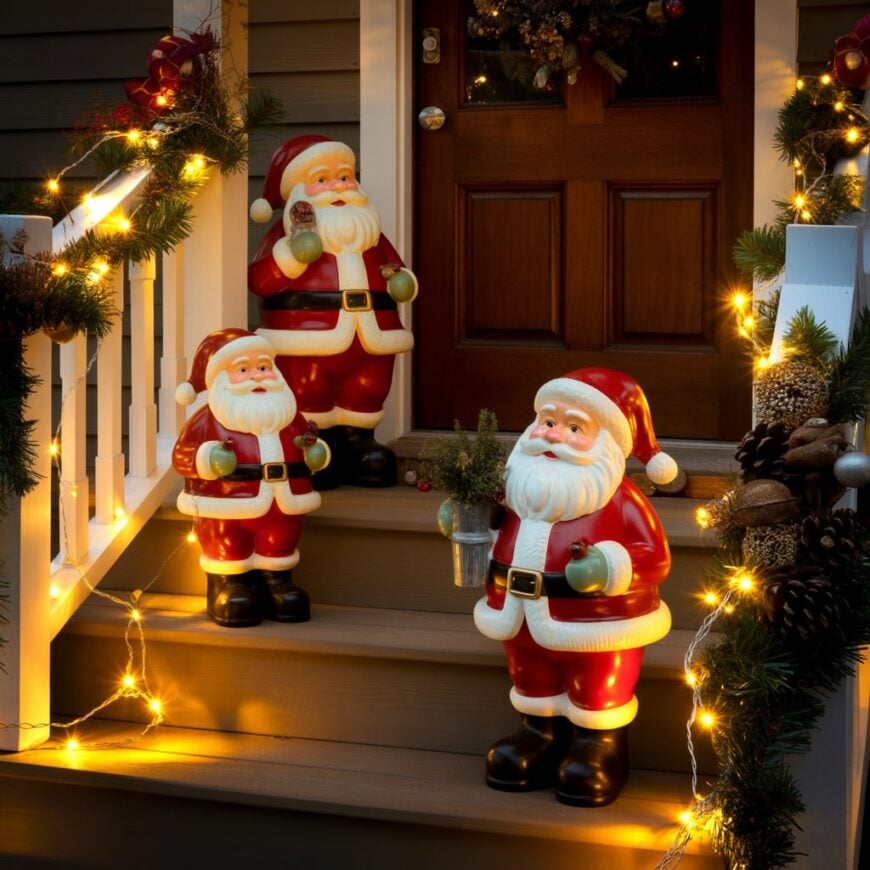 Three Santa figurines are placed on front steps decorated with garland and string lights.