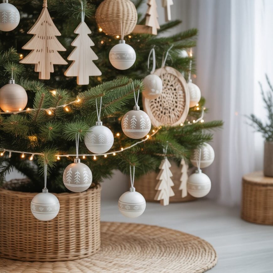 A Christmas tree decorated with white ornaments, wooden tree cutouts, wicker accents, and string lights in a woven basket base.