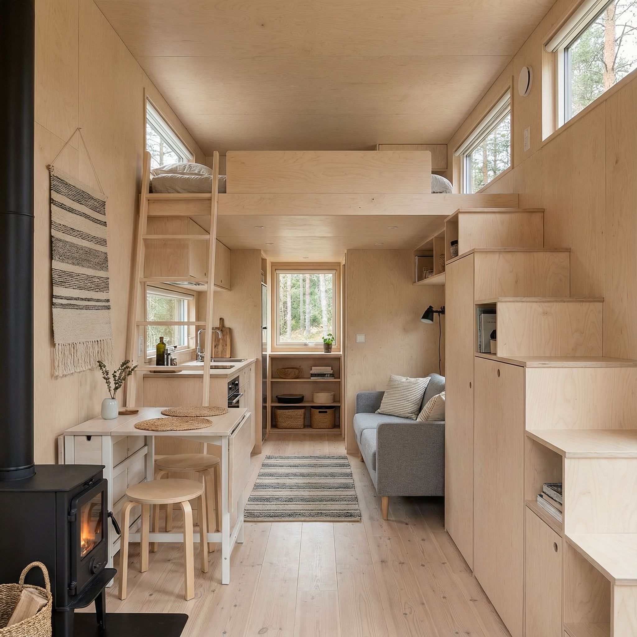 Scandinavian Tiny Home Interior with Loft Bed