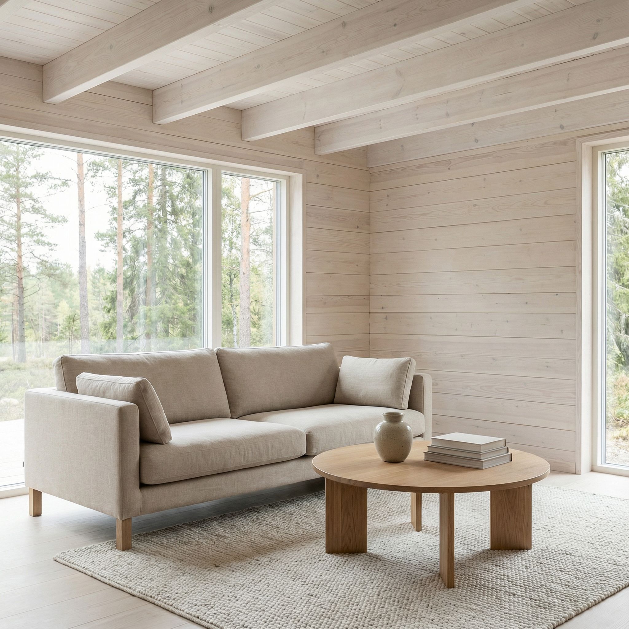 Scandinavian Wood Panel Living Room with Light Exposed Beams