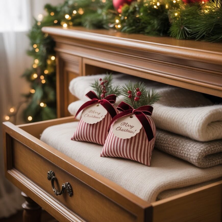 Two small striped gift bags with โMerry Christmasโ tags sit on folded blankets in an open wooden drawer decorated with pine garland and lights.