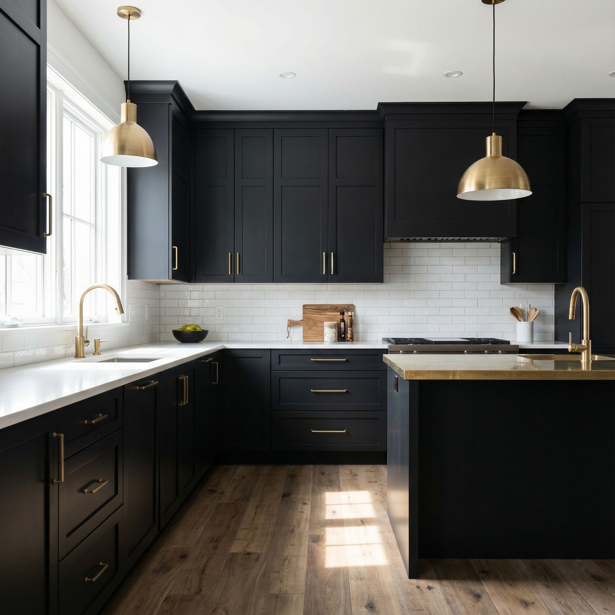 Shaker Style Matte Black Cabinets and Brass