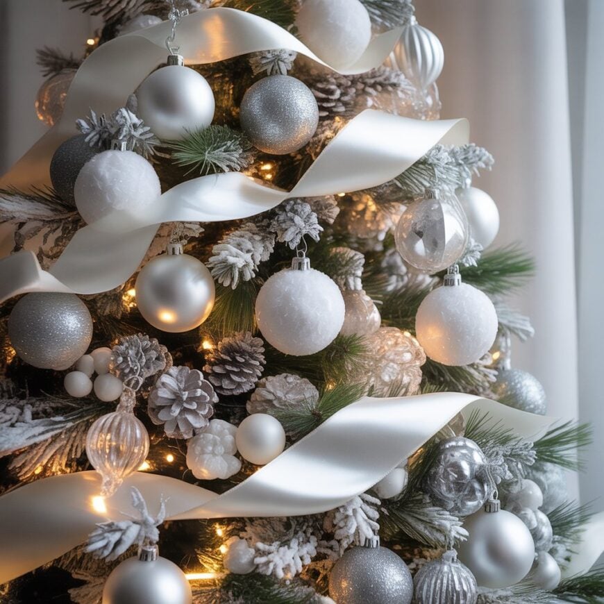 A Christmas tree decorated with white and silver ornaments, frosted pinecones, ribbon, and warm lights.