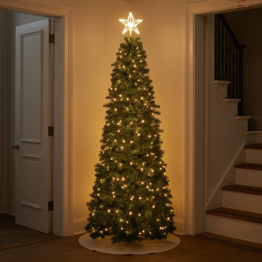 Tall Christmas tree with warm lights and a glowing star topper set in a hallway.