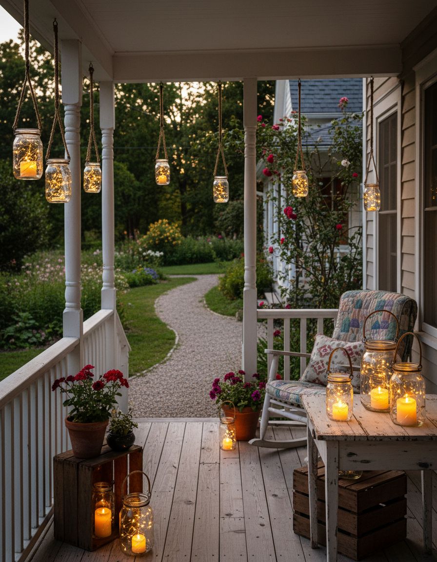 Small Country Porch with Mason Jar Lanterns