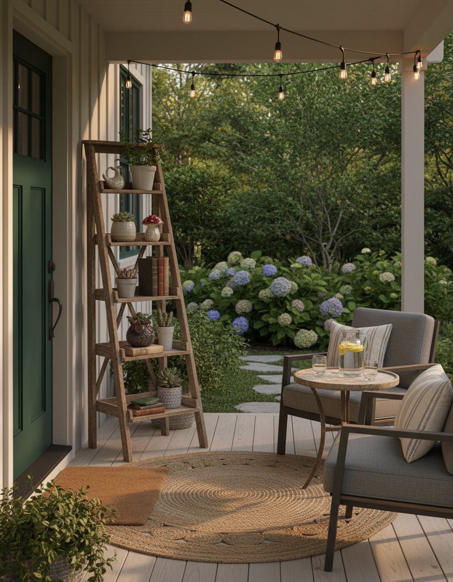 Small Front Porch with Ladder Shelf Display
