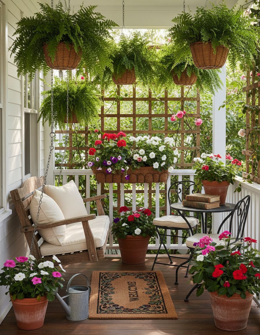 Small Porch Featuring Hanging Ferns and Flowers