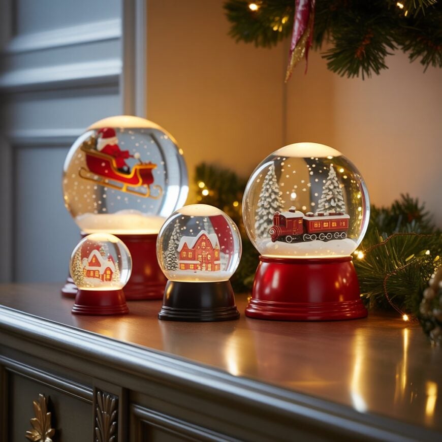 Collection of Christmas snow globes with scenes of houses, Santa’s sleigh, and a red train displayed on a decorated surface with greenery and lights.