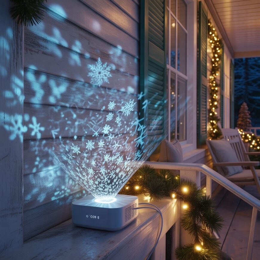 A projector on a porch casts blue snowflake patterns onto the wall beside garland and string lights.