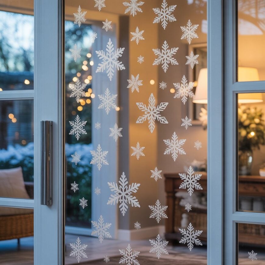 Glass door decorated with white snowflake stickers, showing a warm indoor room in the background.