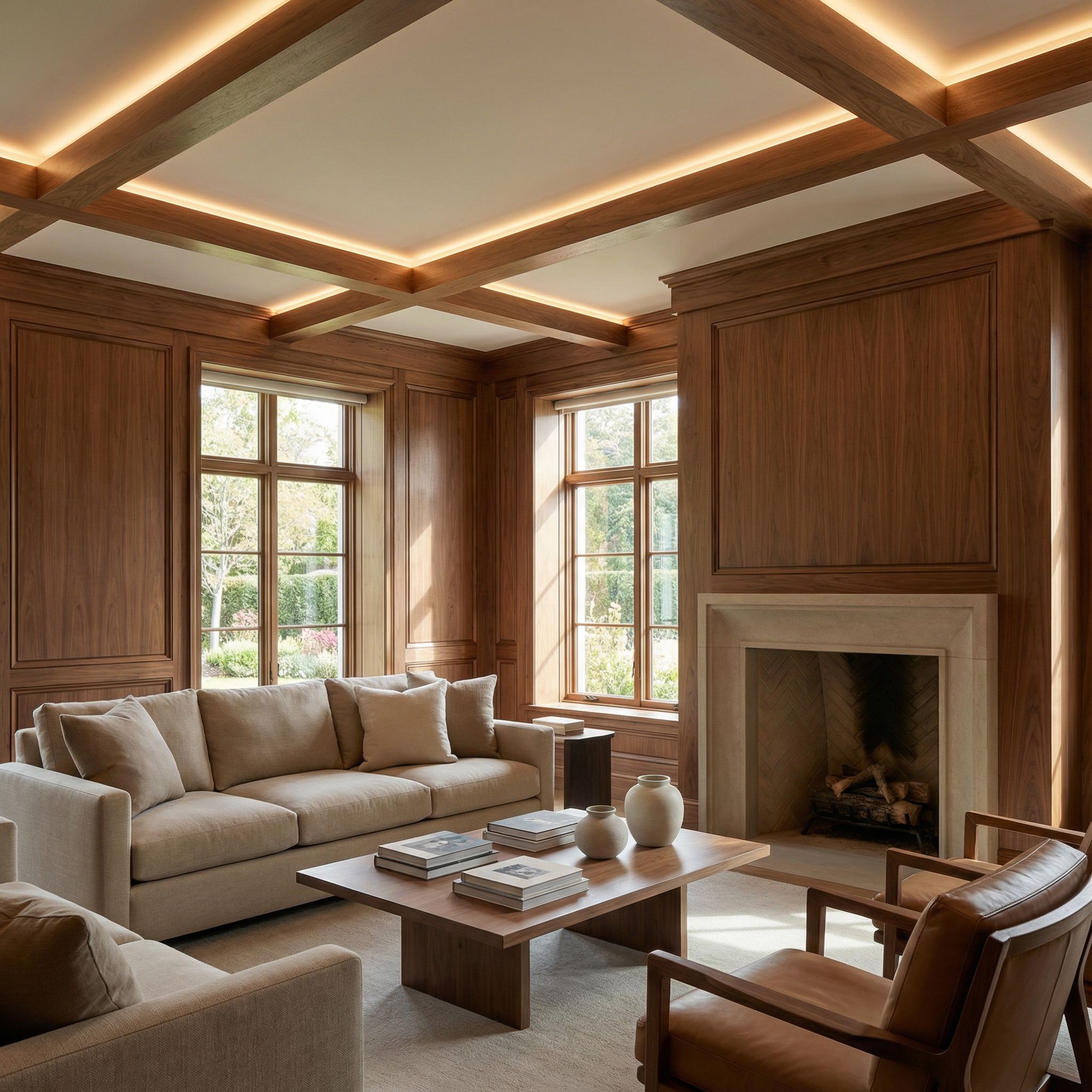 Sophisticated Wood Panel Living Room with Integrated Beam Lighting
