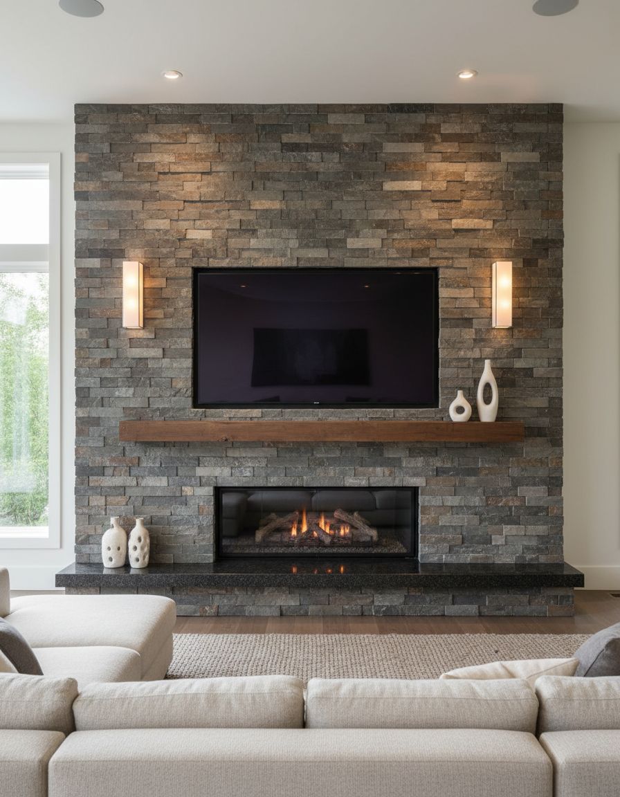 Stacked Stone Fireplace with Integrated Television Display