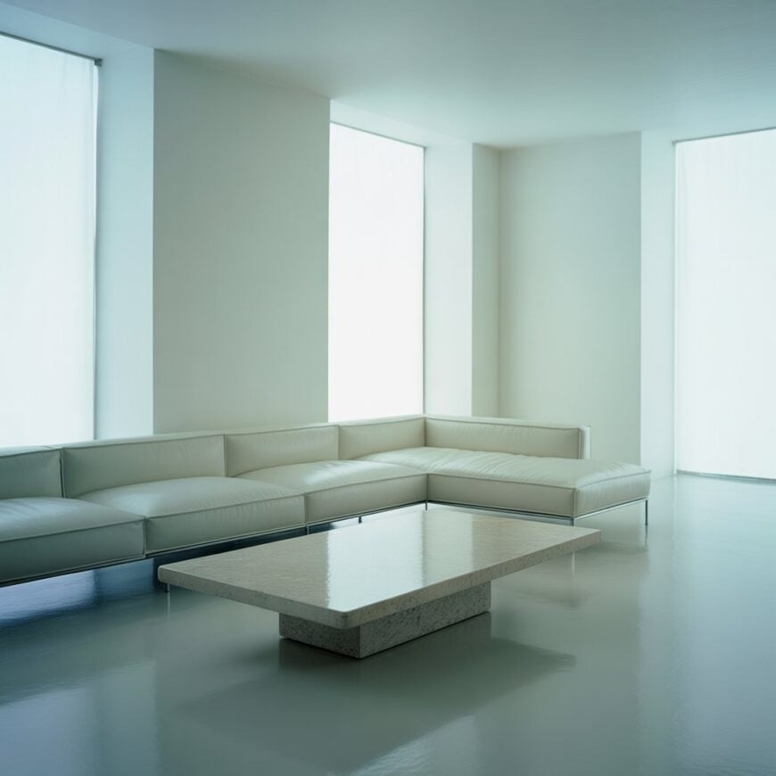 Minimalist living room with a white sectional sofa, large windows, and a low rectangular coffee table.