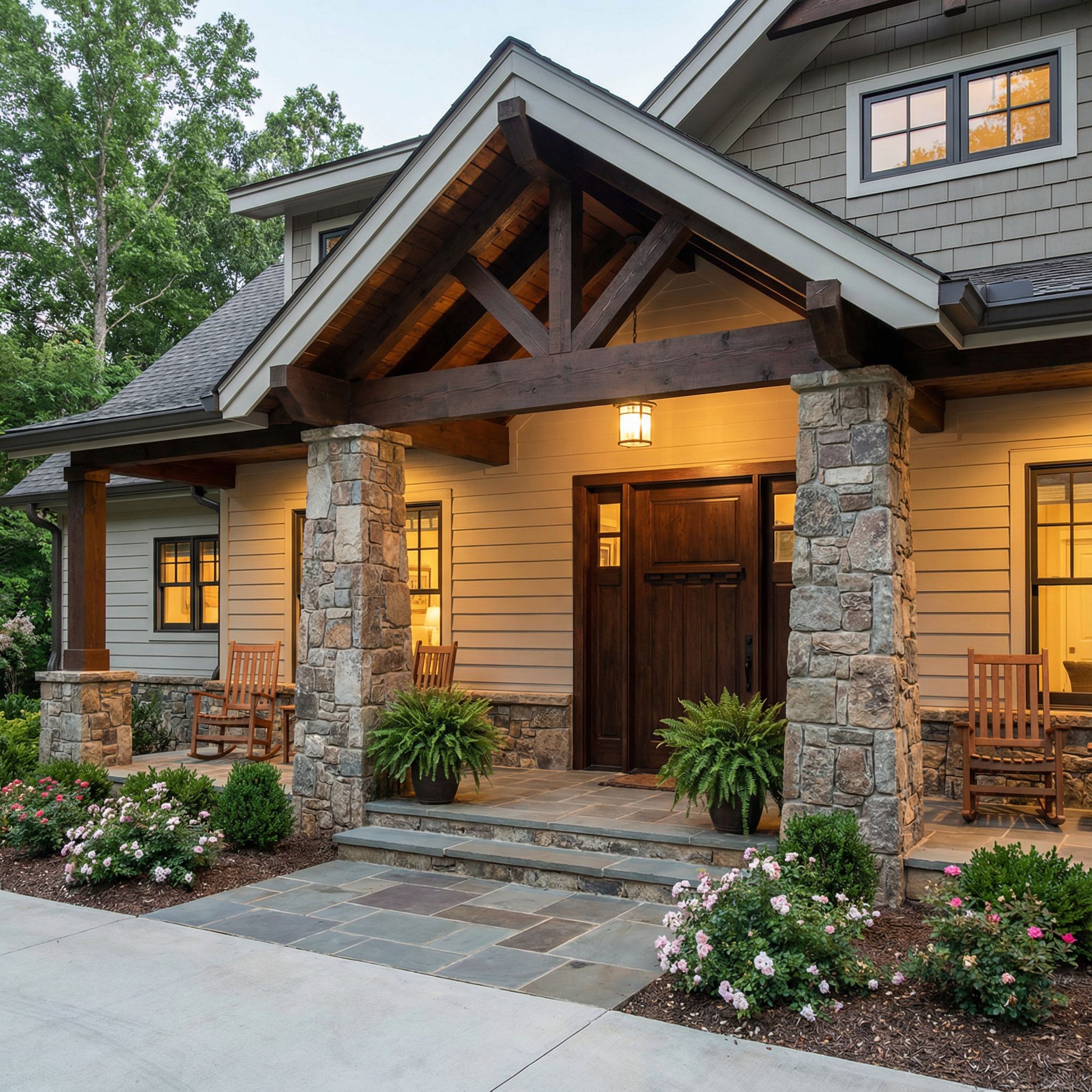 Stone Pillar Covered Front Porch Design