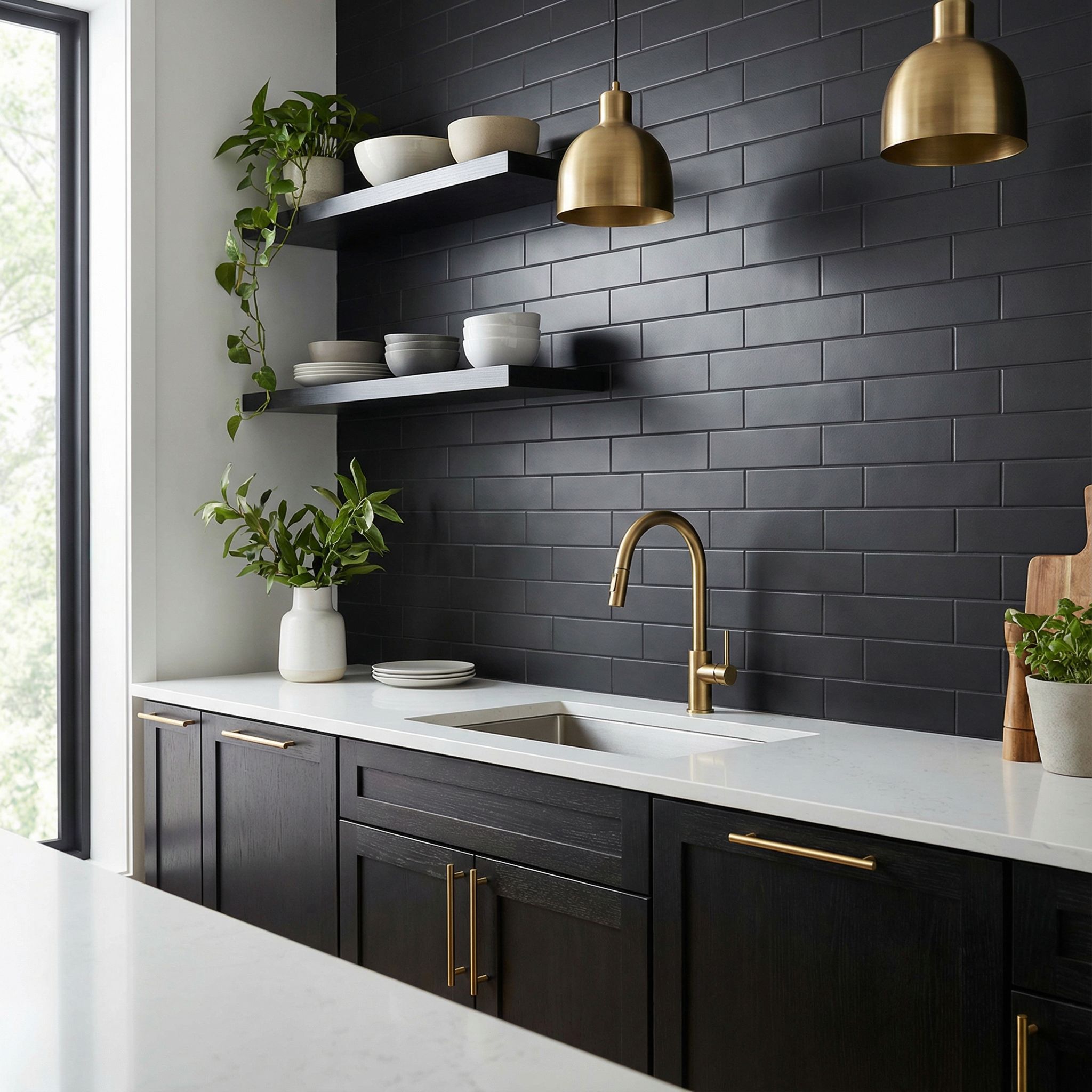 Subway Tile Matte Black Kitchen with Brass