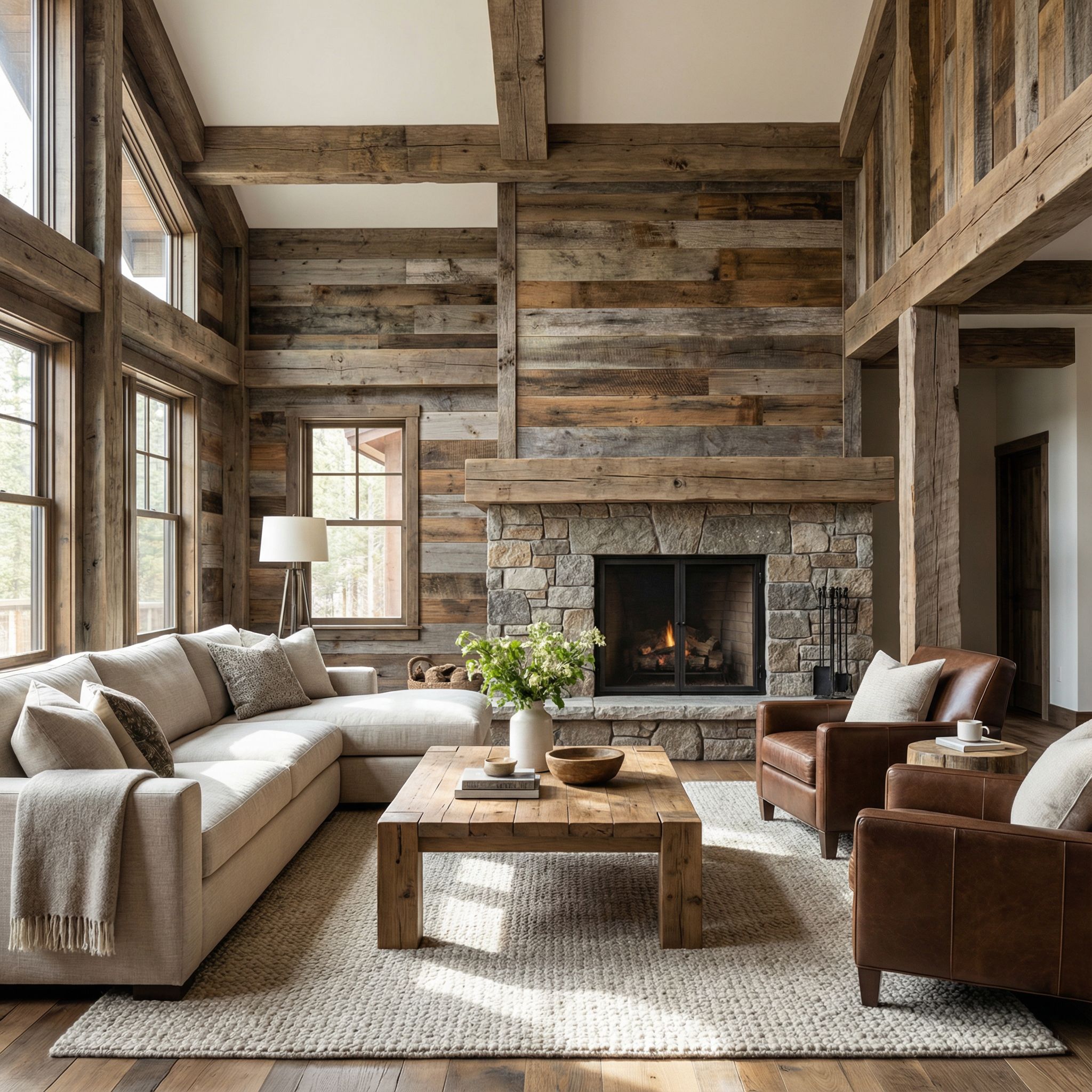 Textured Wood Panel Living Room with Rough-Sawn Exposed Beams