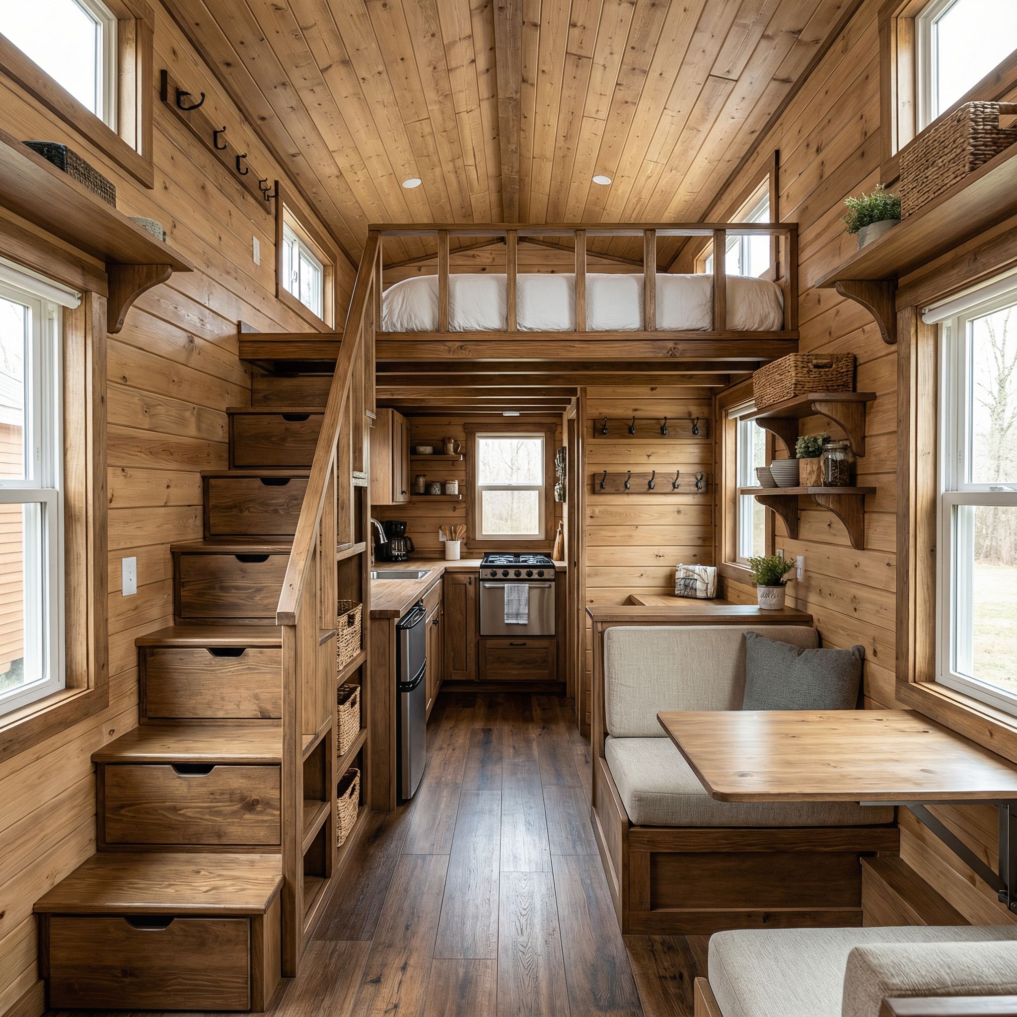 Tiny Home Interior with Double Loft Bed
