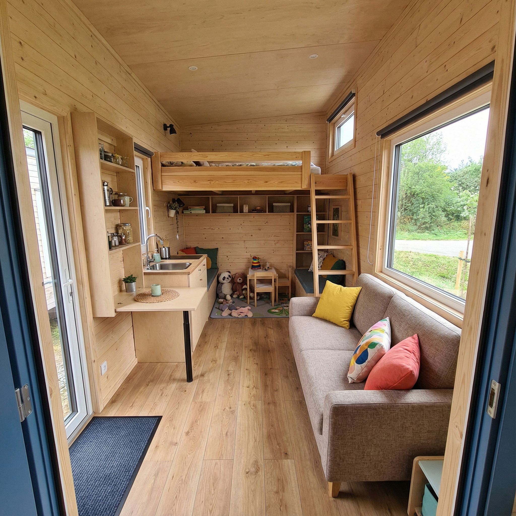 Tiny Home Interior with Kids Loft Bed