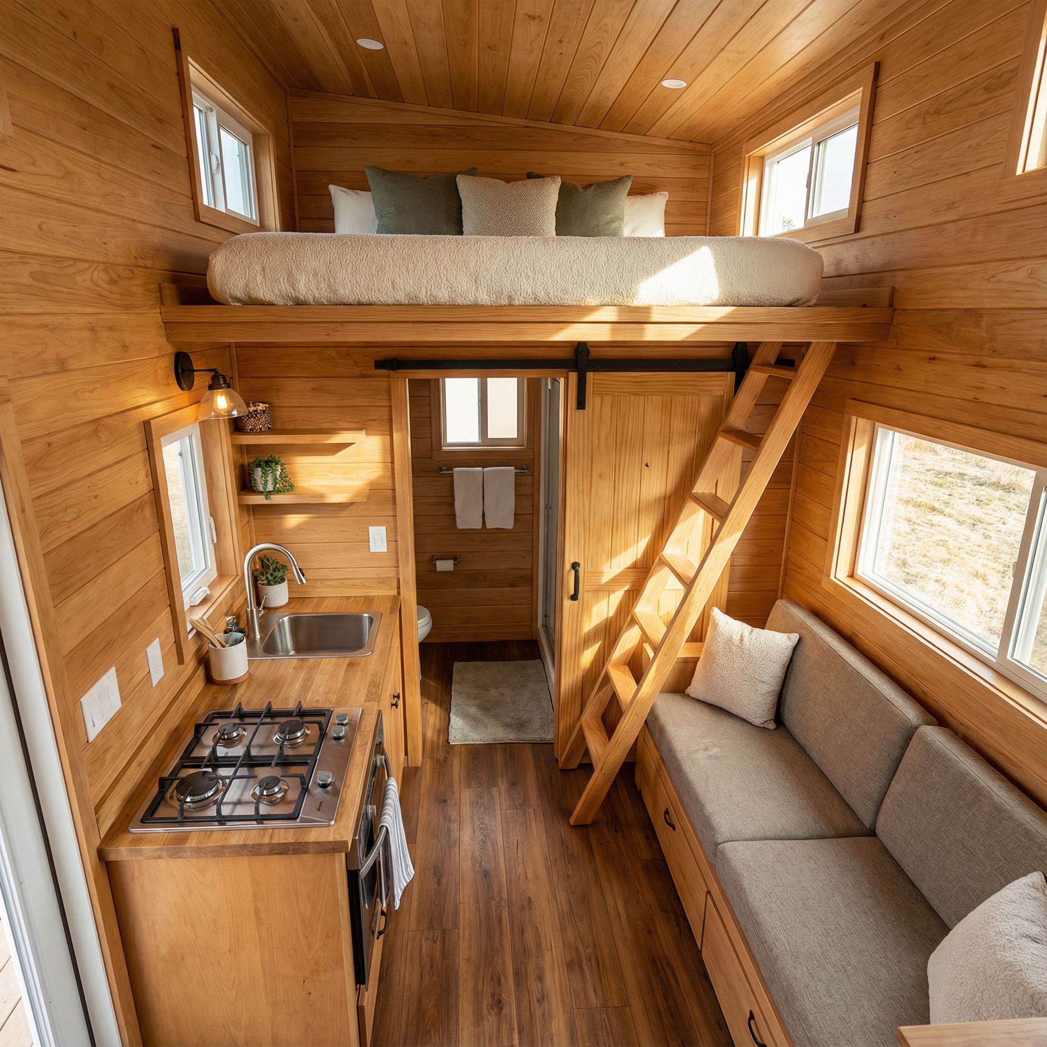 Tiny Home Interior with Low-Ceiling Loft Bed