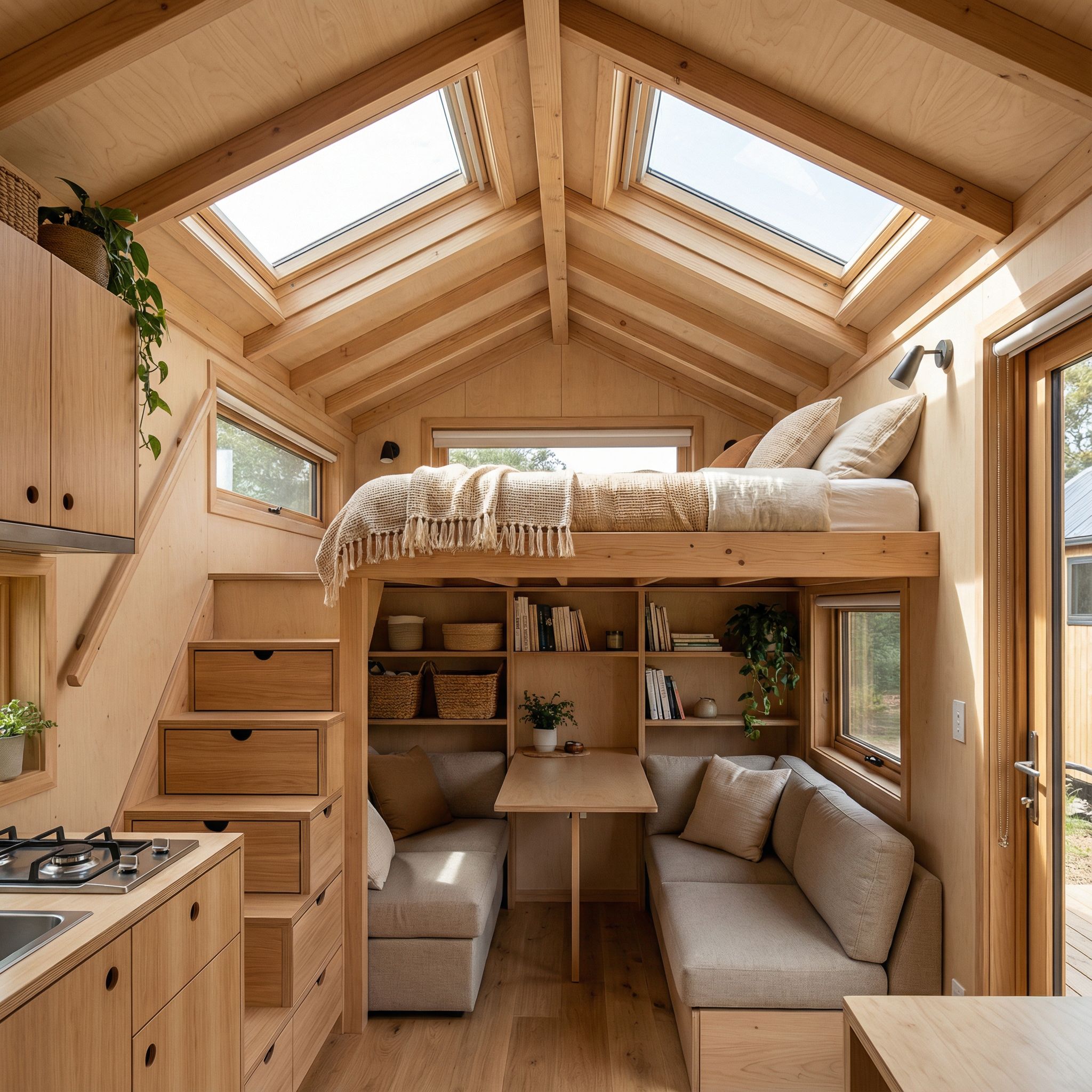 Tiny Home Loft Bed with Skylight Windows