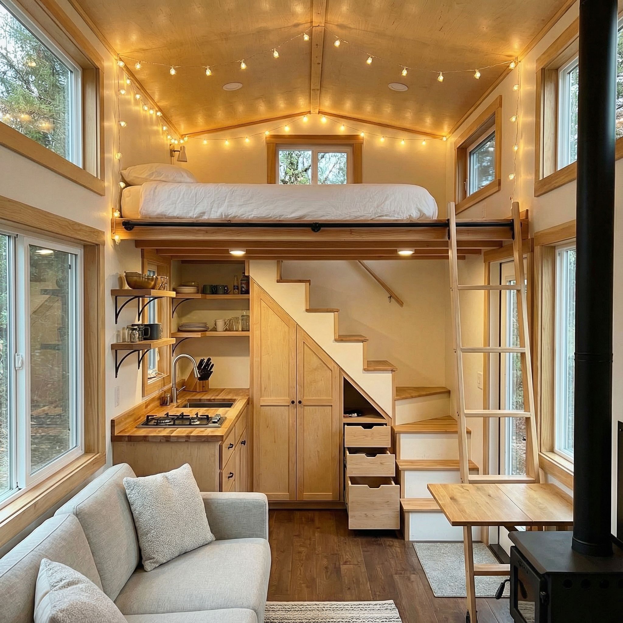 Tiny Home Loft Bed with String Lighting