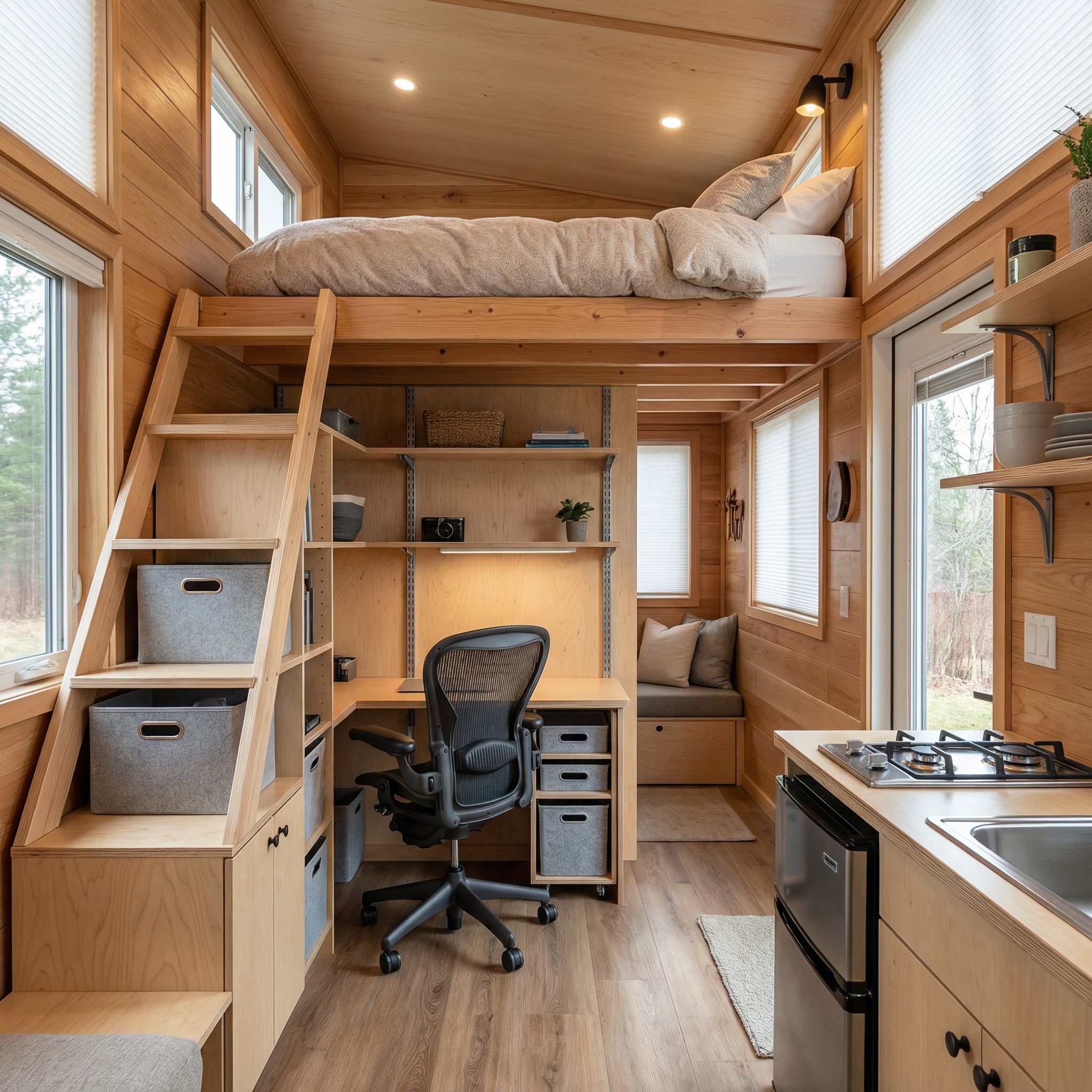 Tiny Home Loft Bed with Workspace Below
