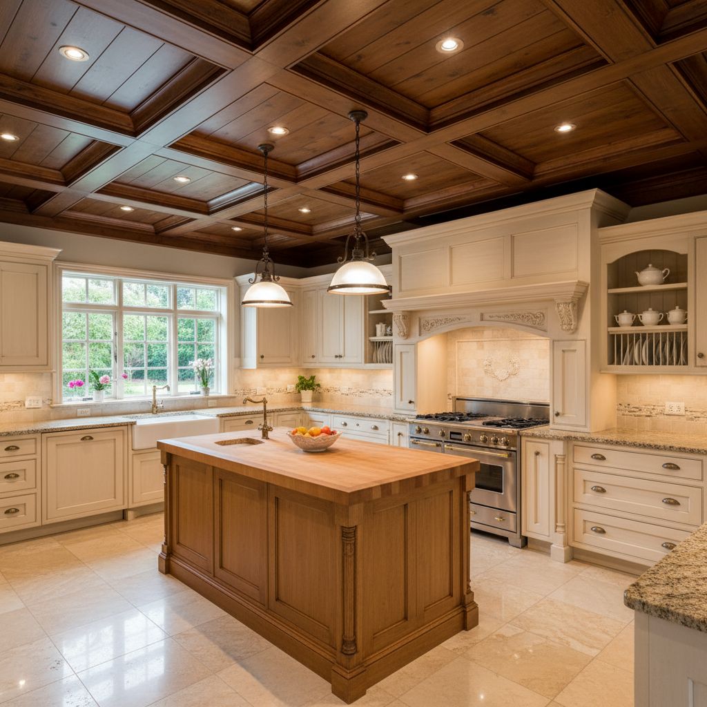 Traditional $100,000 Kitchen Design with Coffered Ceilings
