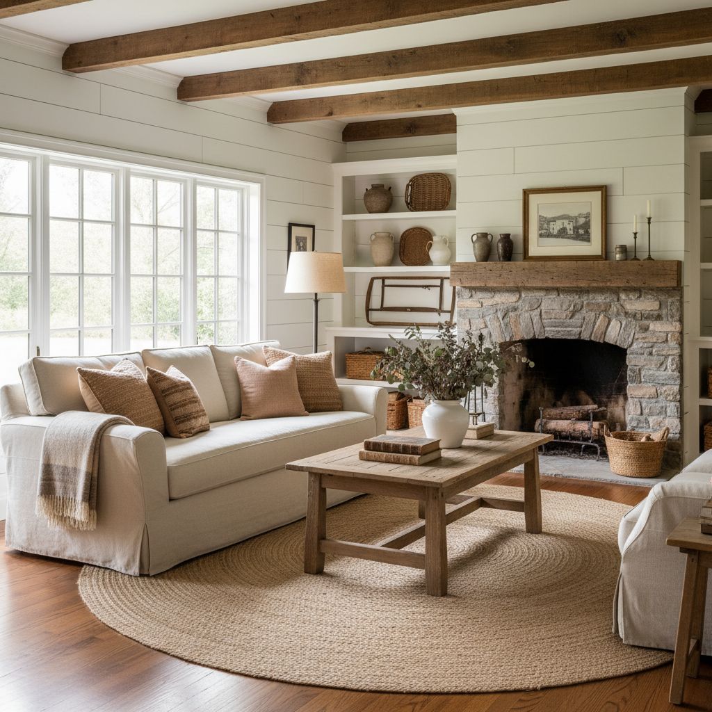 Traditional Farmhouse Living Room with Shiplap Walls