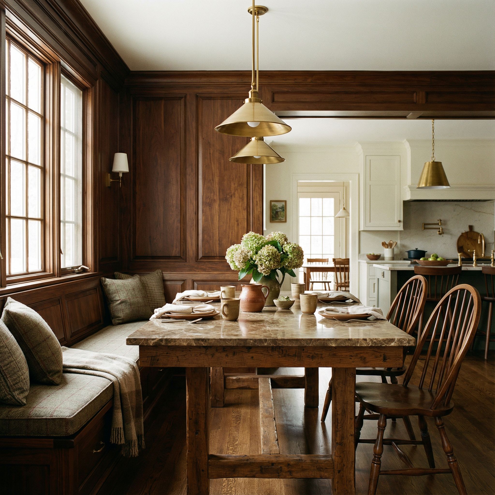 Traditional Kitchen Island Dining Nook with Wood Paneling
