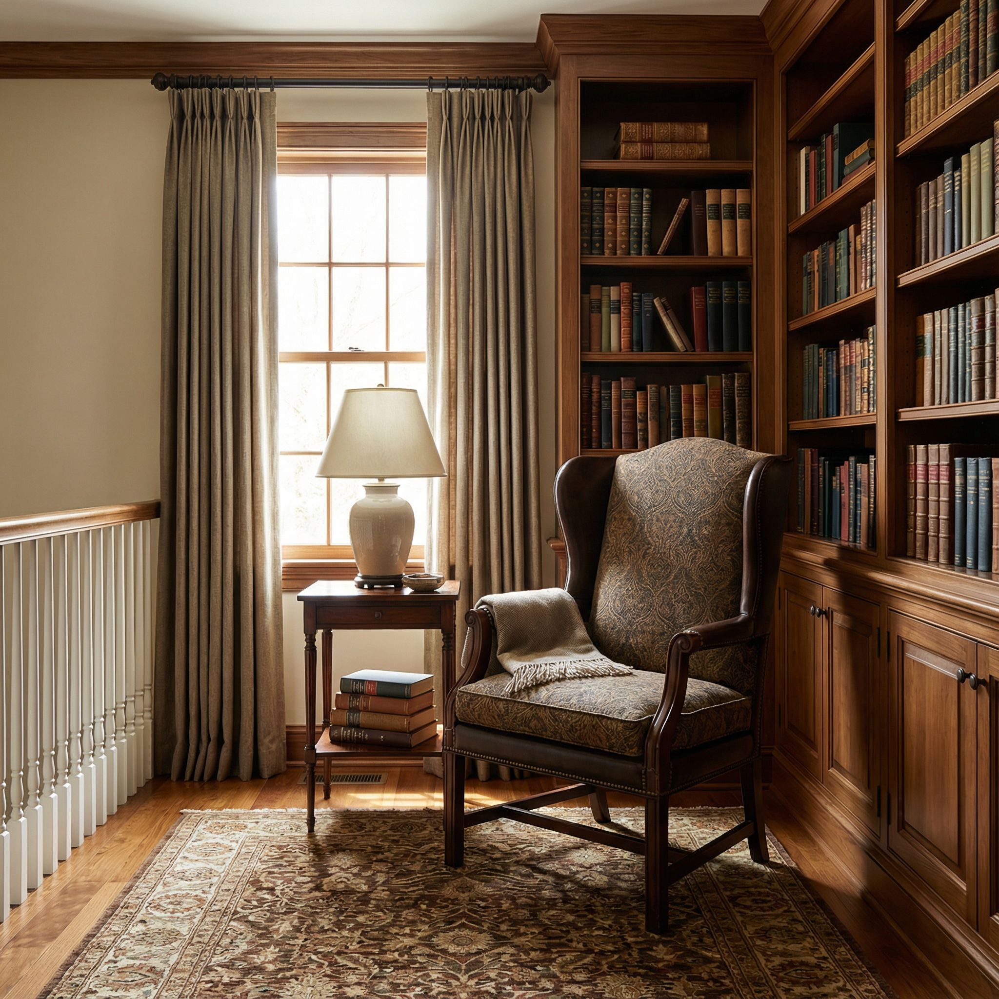 Traditional Landing Reading Area with Wingback Chair