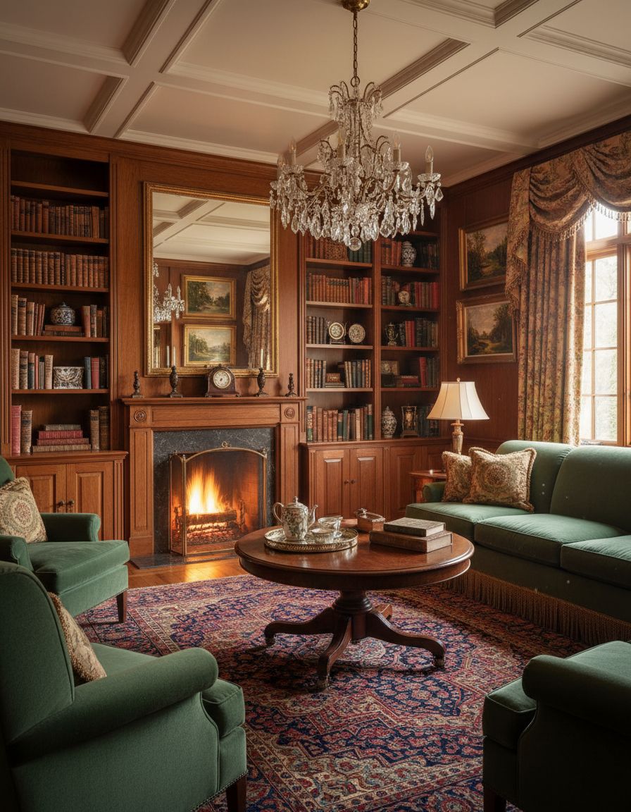 Traditional Living Room with Mahogany Bookshelves