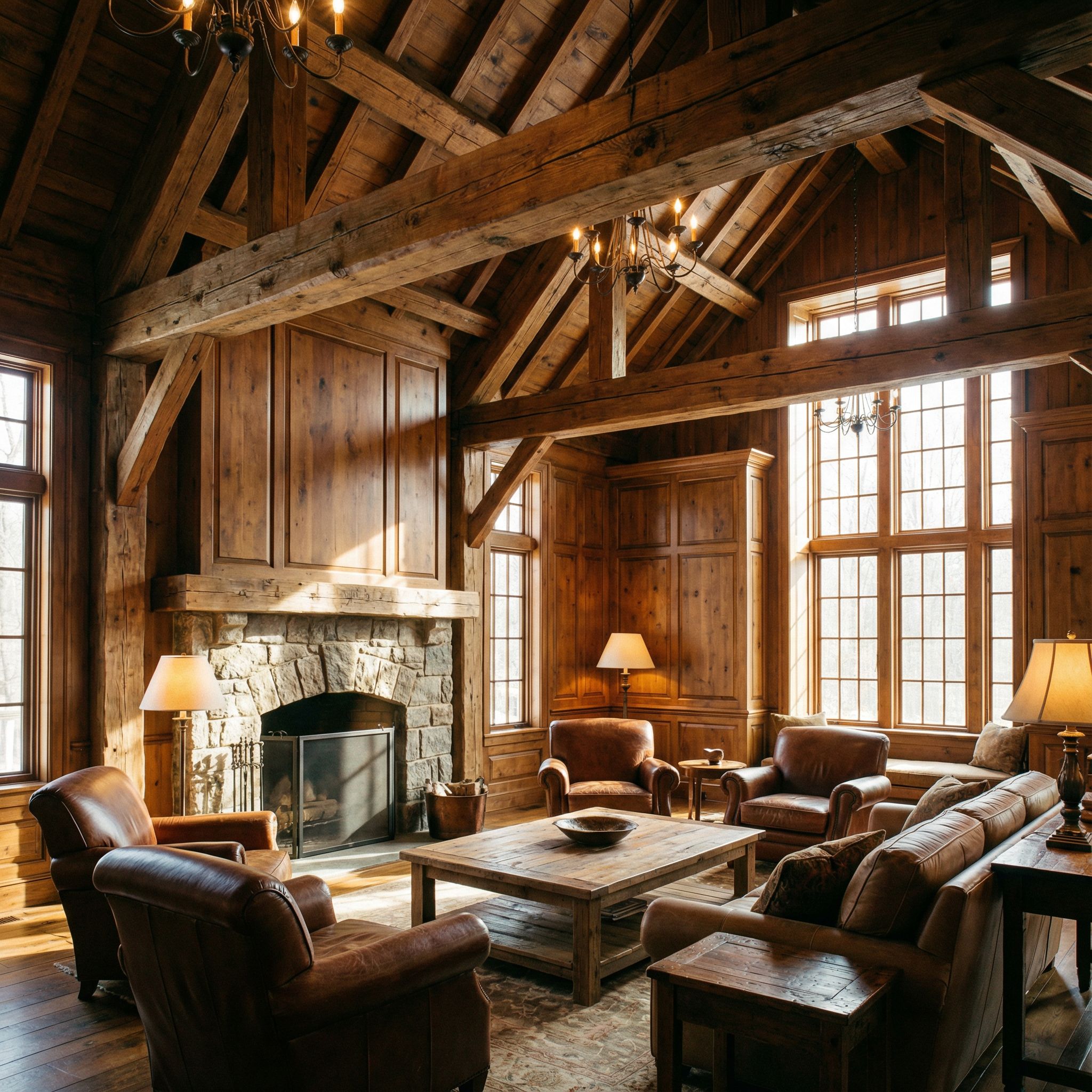 Traditional Wood Panelled Living Room with Cathedral Ceiling Beams