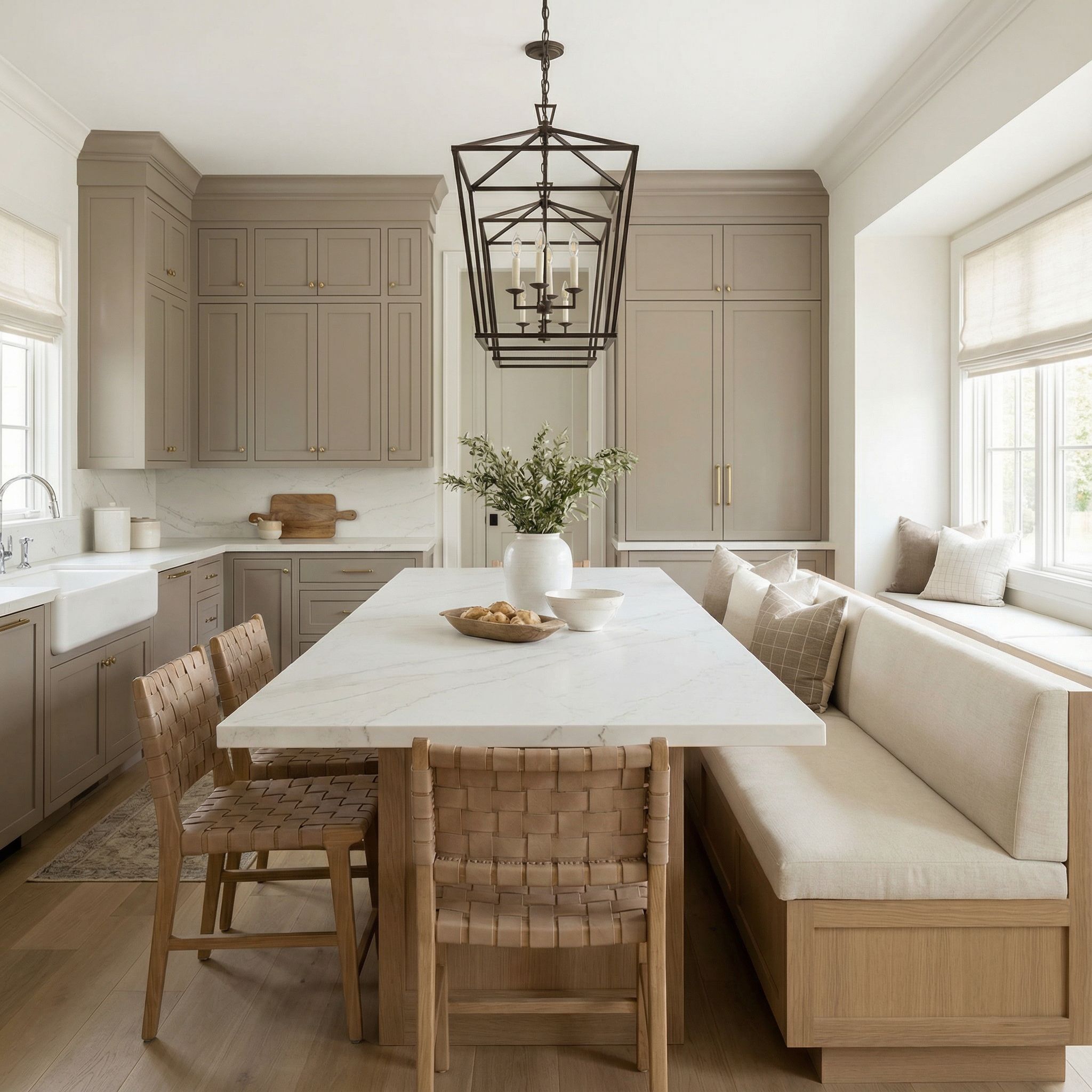 Transitional Kitchen Island Dining Nook with Neutral Tones