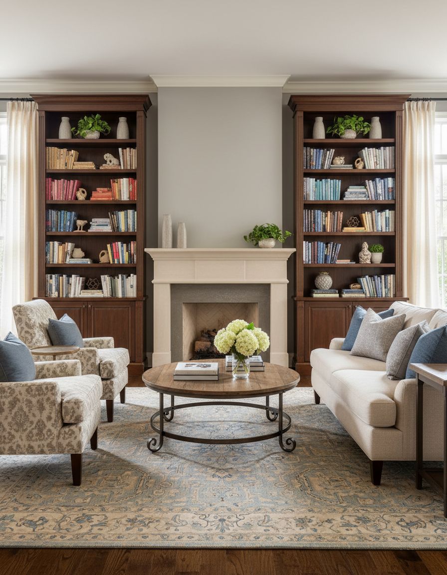Transitional Living Room with Symmetrical Bookshelves