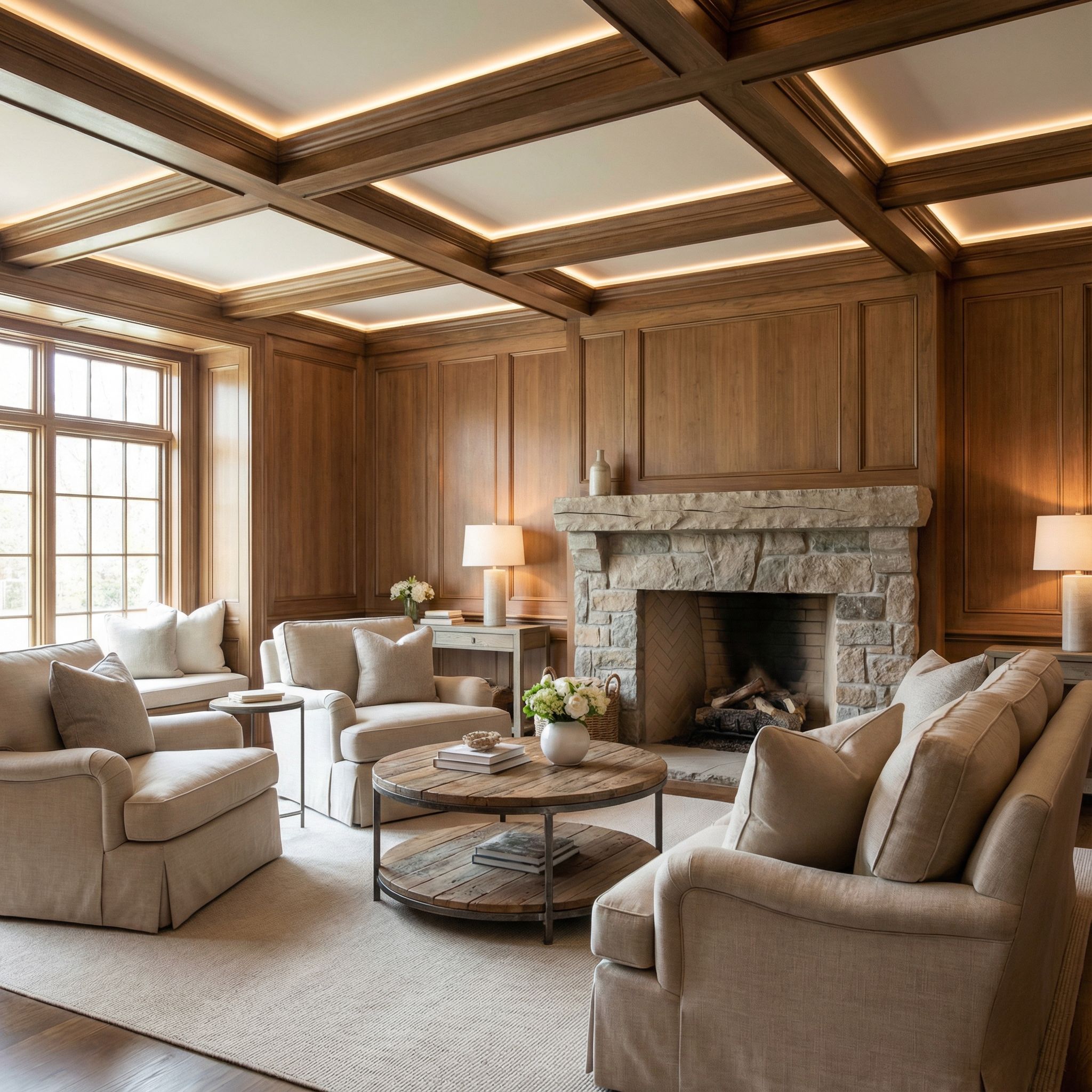 Transitional Wood Panel Living Room with Coffered Beam Ceiling
