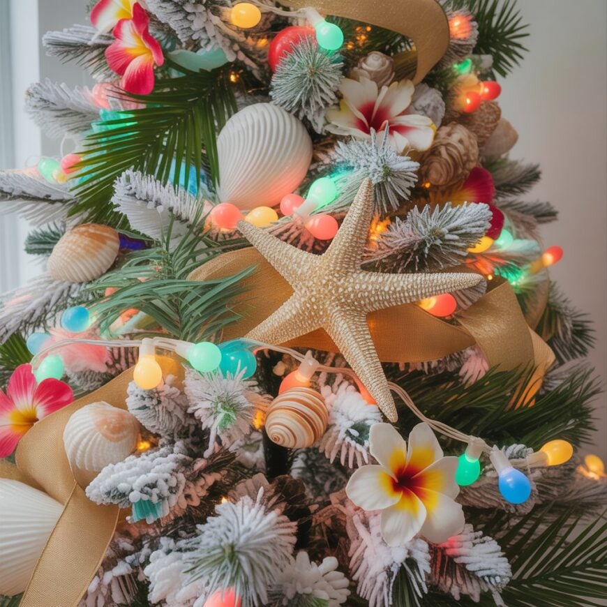 A Christmas tree decorated with seashells, a starfish, tropical flowers, gold ribbon, and colorful lights.