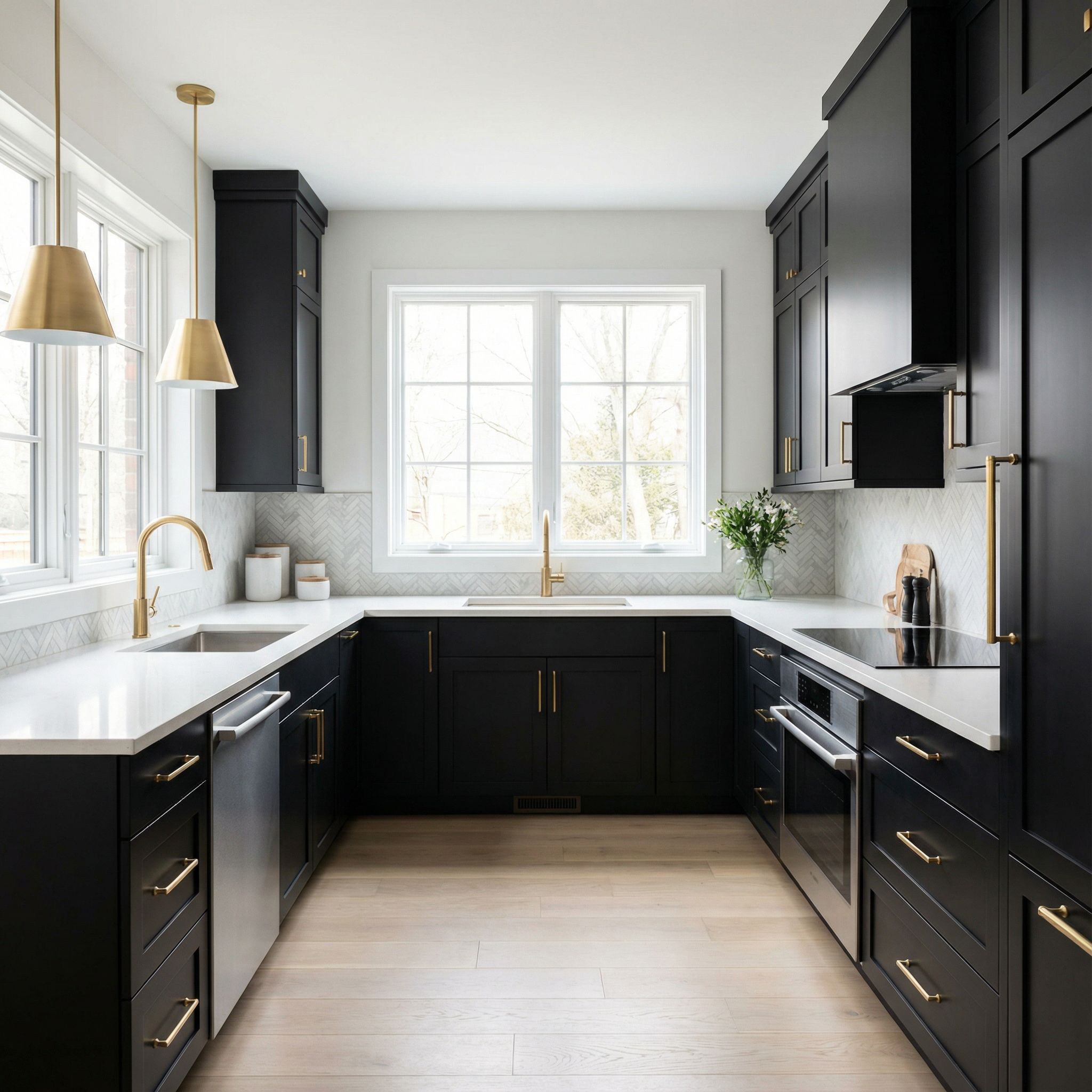 U-Shaped Matte Black Cabinets and Brass Details