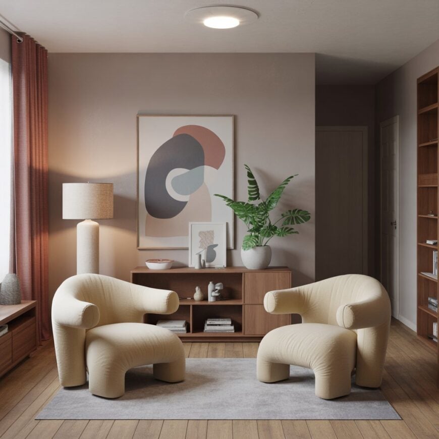 Two bulky cream chairs in a modern living room with neutral decor and a wall art piece in the background.